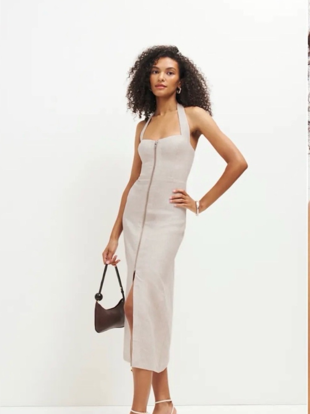 Reformation Halter Zip-Front Midi Dress in Light Beige, NWT, never worn.